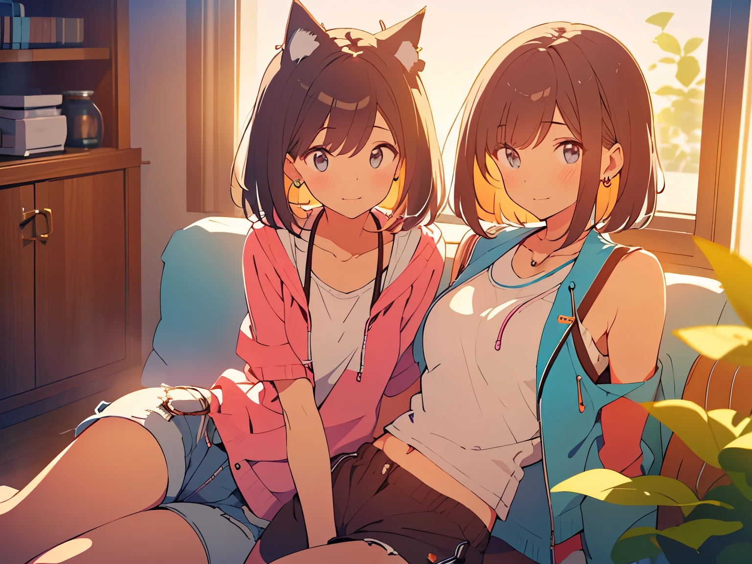 brown hair, hair behind ear, bob cut, heart earrings, smile, pov, ccurate, textured skin, best quality, HD, super detail, Midsummer, Windbreaker, T-shirt, shorts, sneakers, cat ears