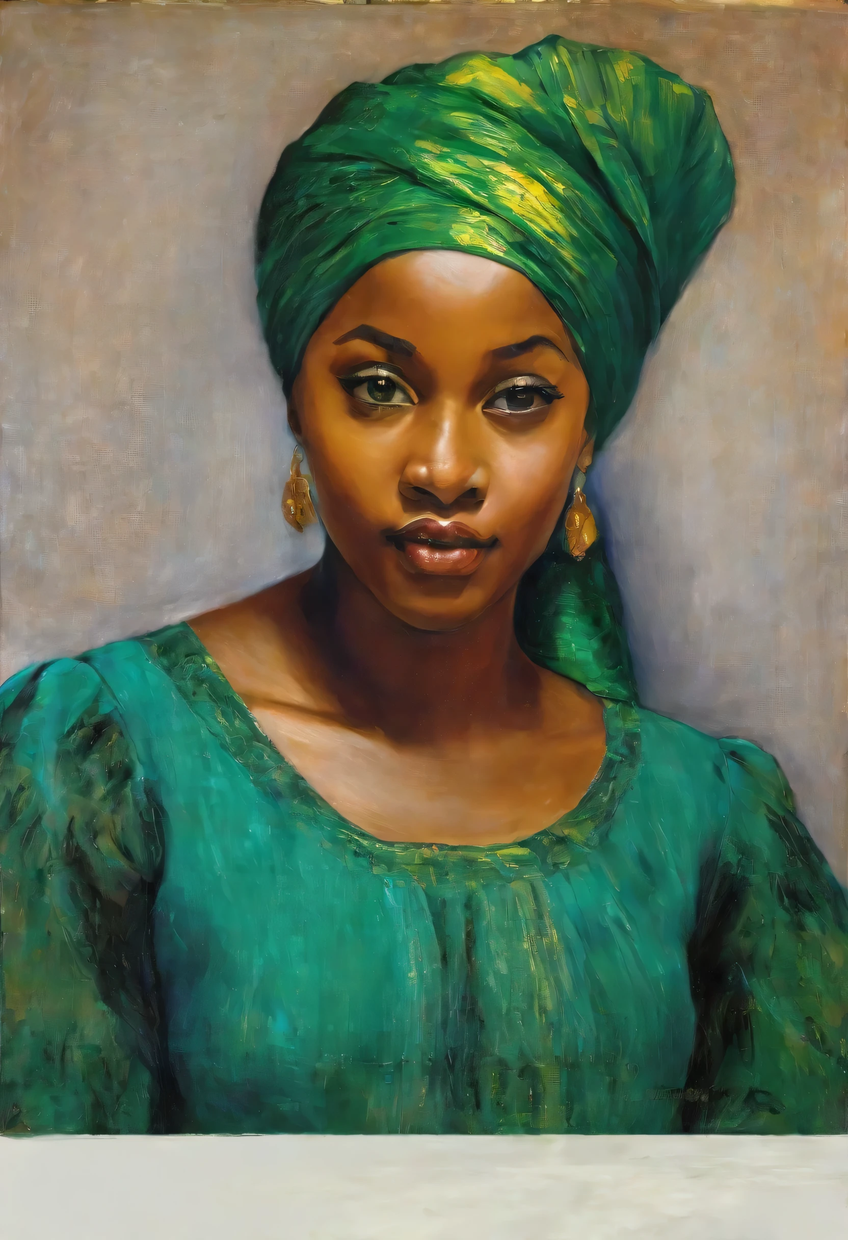 oil painting, uma linda mulher africana, parecida com a rihana jovem, com um turbante, e um vestido verde e dourado, uma rainha, High definition, alta qualidade, obra prima da pintura, estilo leonardo da vinci, renoir, van gogh, chirico, michelangelo, degas