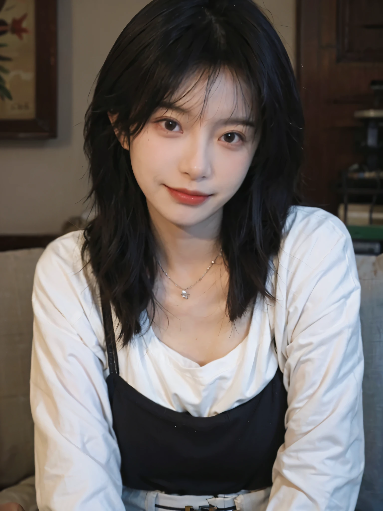 best qualtiy， Ultra-high resolution， （realisticlying：1.4），（（Medium hair）））， （tmasterpiece：1.3）， （complexdetails：1.2）， 1girll， solo，  delicated， beautifuldetails， （Detailed eyes）， （detailedfacialfeatures）， ， （（（little breast）））， skin tight， （head straight-looking at viewer）， （being thin）， （best qualtiy：1.4）， （Ultra-high resolution：1.2）， cinematric light， （Extreme detail illustration）， （Gloss on lips， best qualityer， Ultra-high resolution， depth of fields， Caustics， Wide lighting， naturalshadow， 85mm， f/1.4， iso 200， 1/160s：0.75），1girll， solo， （（（White suspenders）））ssmile， Suits， choker necklace，