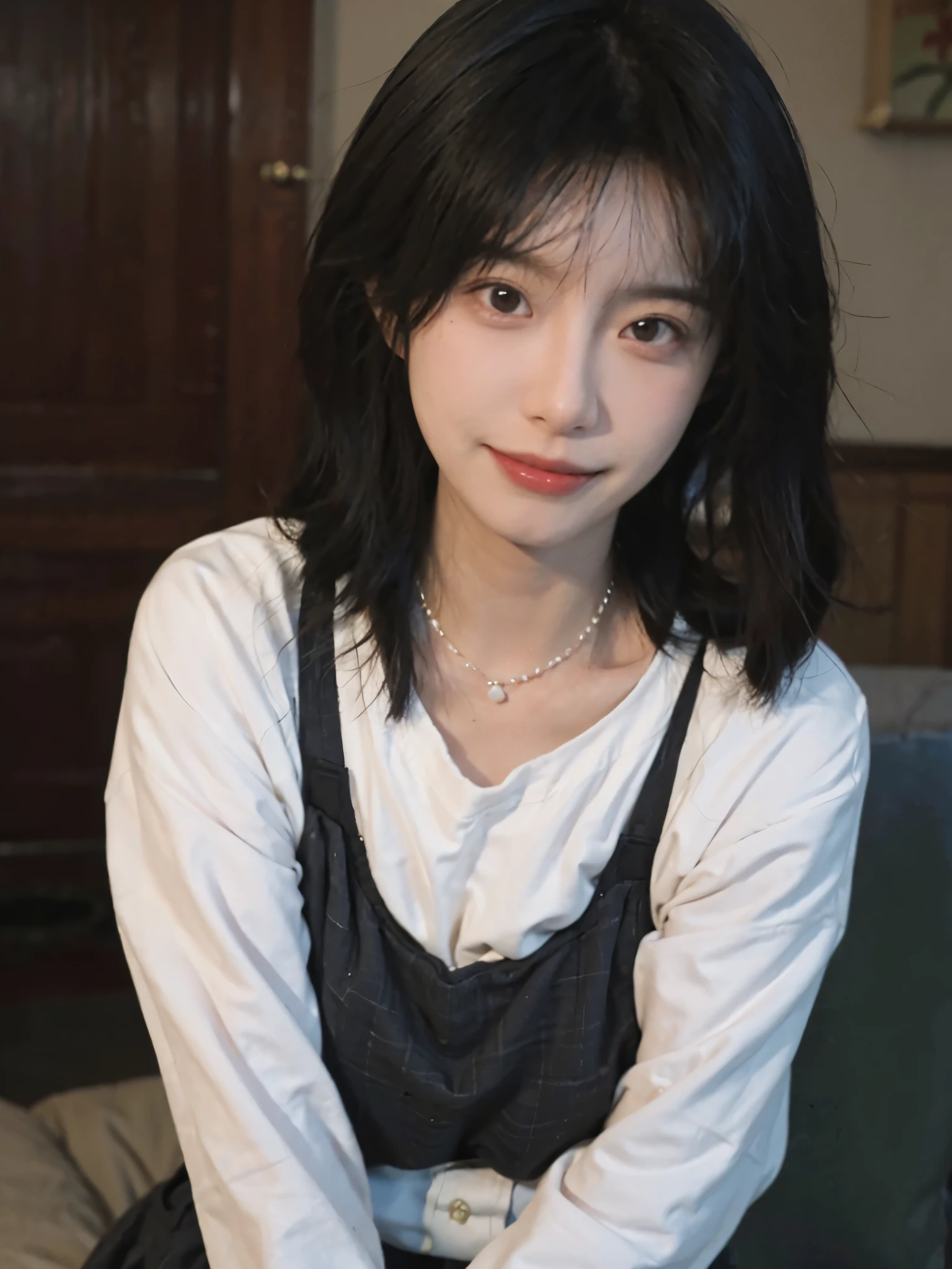 best qualtiy, Ultra-high resolution, (realisticlying:1.4),((Medium hair))), (tmasterpiece:1.3), (complexdetails:1.2), 1girll, solo, delicated, beautifuldetails, (Detailed eyes), (detailedfacialfeatures), , (((little breast))), skin tight, (head straight-looking at viewer), (being thin), (best qualtiy:1.4), (Ultra-high resolution:1.2), cinematric light, (Extreme detail illustration), (Gloss on lips, best qualityer, Ultra-high resolution, depth of fields, Caustics, Wide lighting, naturalshadow, 85mm, f/1.4, iso 200, 1/160s:0.75),1girll, solo, (((White suspenders)))ssmile, Suits, choker necklace,