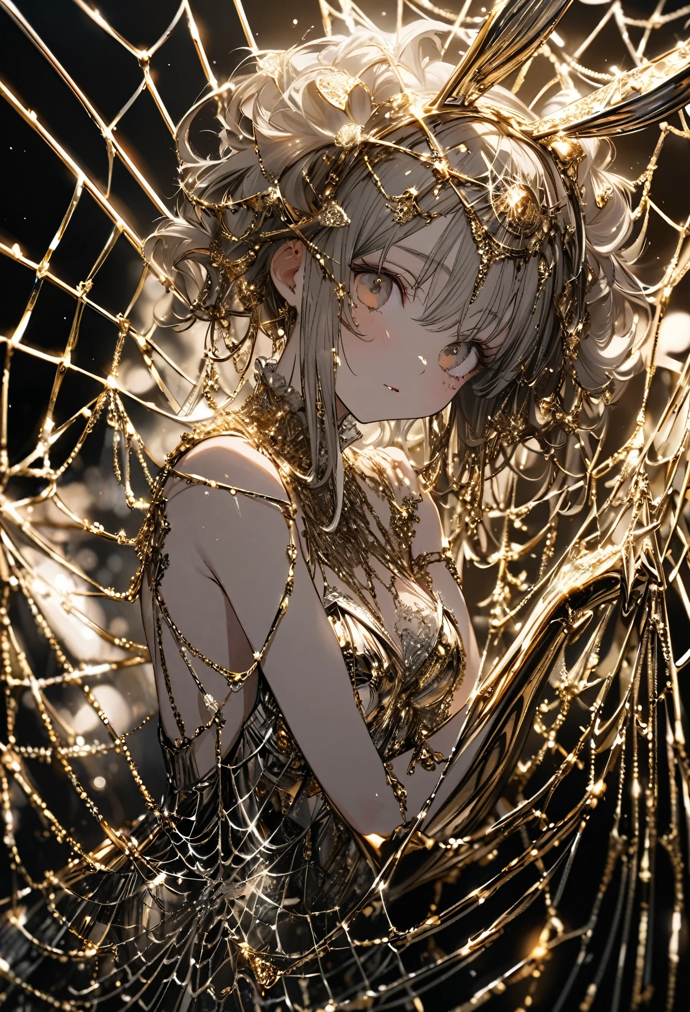 best quality, super fine, 16k, incredibly absurdres, extremely detailed, delicate and dynamic, cute beauty dressed as a bunny girl, caught in a gold and silver plated spider web, pop design art
