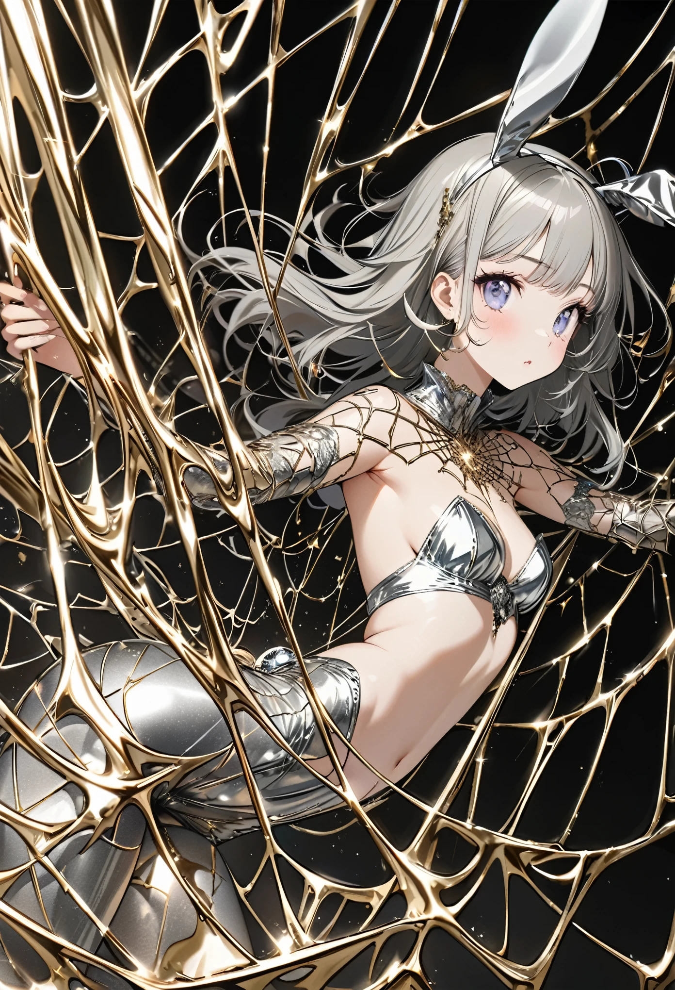 best quality, super fine, 16k, incredibly absurdres, extremely detailed, delicate and dynamic, cute beauty dressed as a bunny girl, caught in a gold and silver plated spider web, pop design art