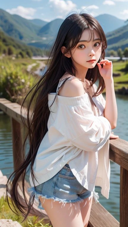 Costumes, long hair, girl, big eyes, Green mountains and clear waters,