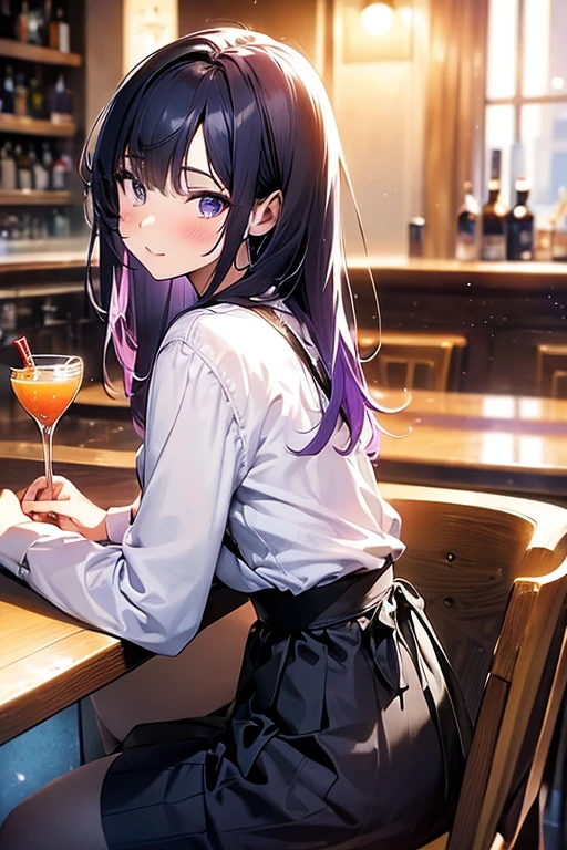 The background is bar,Isometric image of a slender girl with purple hair and black eyes, similar to Akane Kurokawa, holding a cocktail