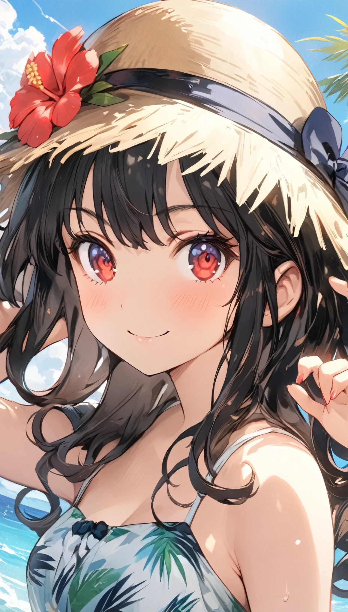 (masterpiece, highest_quality), very be familiar with cg unity 8k wallpaper, wonderful_Are you okay_figure, BREAK 1girl, long black hair wearing a straw hat, small breasts, (glamorous expression), red eyes, anime style 4k, beautiful anime portrait, anime moe art style, anime art wallpaper 4k, High quality anime art style, anime style portrait, be familiar with digital anime art, anime art wallpaper 8k, cute anime girl portrait, Hawaii background, blue sea, palm trees, sunlight, whole body, BREAK depth of field, perfect hands, nice fingers, 5_finger, 4_finger,1_thumb,