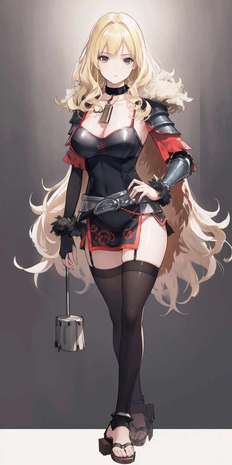 standing straight symmetrical, full body, solo girl looking to the camera, beautiful woman, viking warrior, fur cloak, armor, blonde hair, wavy hair, (closeup, portrait shot), (solo), realistic, cow bell choker, metal sandals, black thigh highs