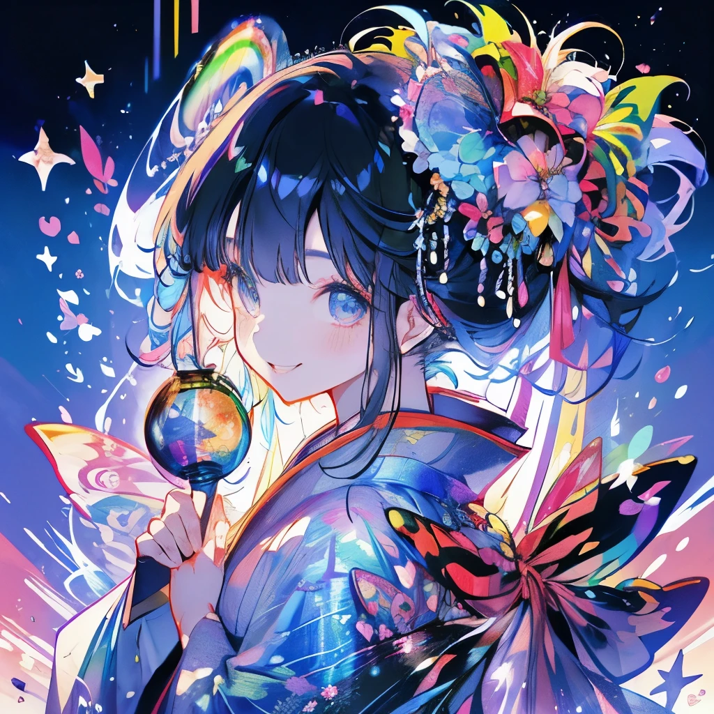 Masterpiece、Rainbow Hair、Rainbow Eyes、smile、Delicate eyes、Tied up hair、Beautiful hair ornament、kimono、Japanese sweets、Japanese-style room、bamboo forest