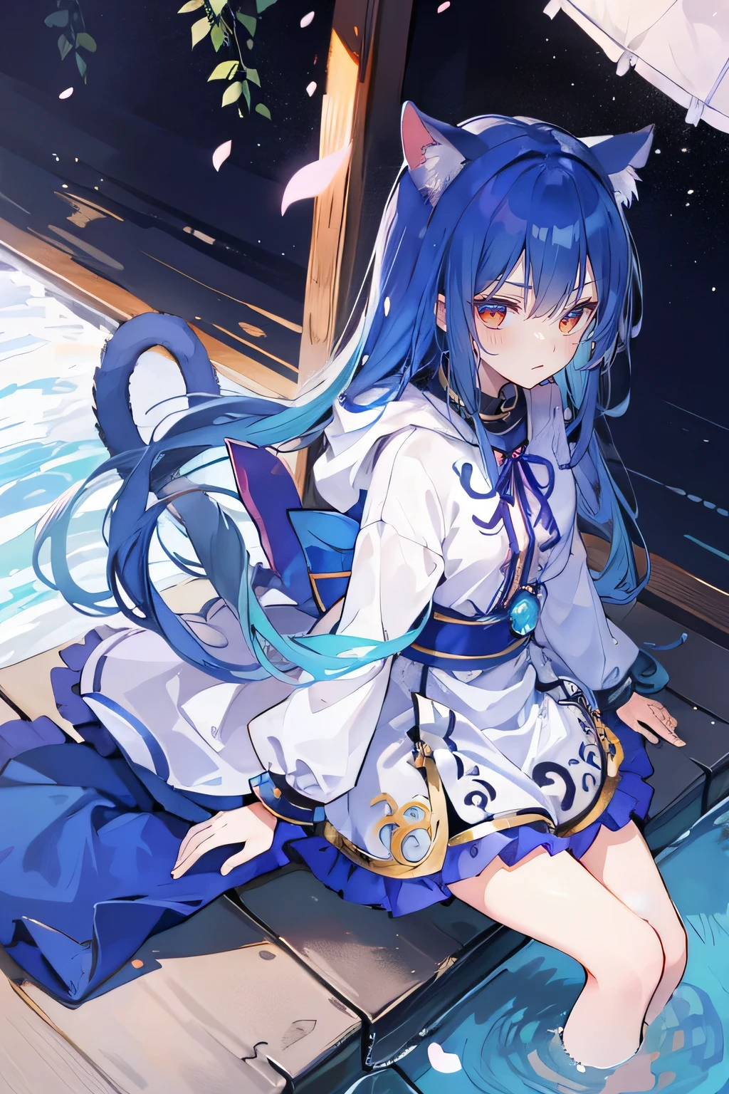 (masterpiece:1.2),Super detailed,lifelike,Expressive eyes,fair skin,perfect face shape,1 girl,
Japanese comics,Gorgeous blue hair,flowing blue hair,flowing clothes,Cat ears,Petals fall,beautiful lola,Baby Angel,
Shaking head with one hand,Cross your legs,Gentle and peaceful background,The pavilion is cool and comfortable,smile, wearing hoodie, background of tokyo,back views,snowing, winter,lie on the water.