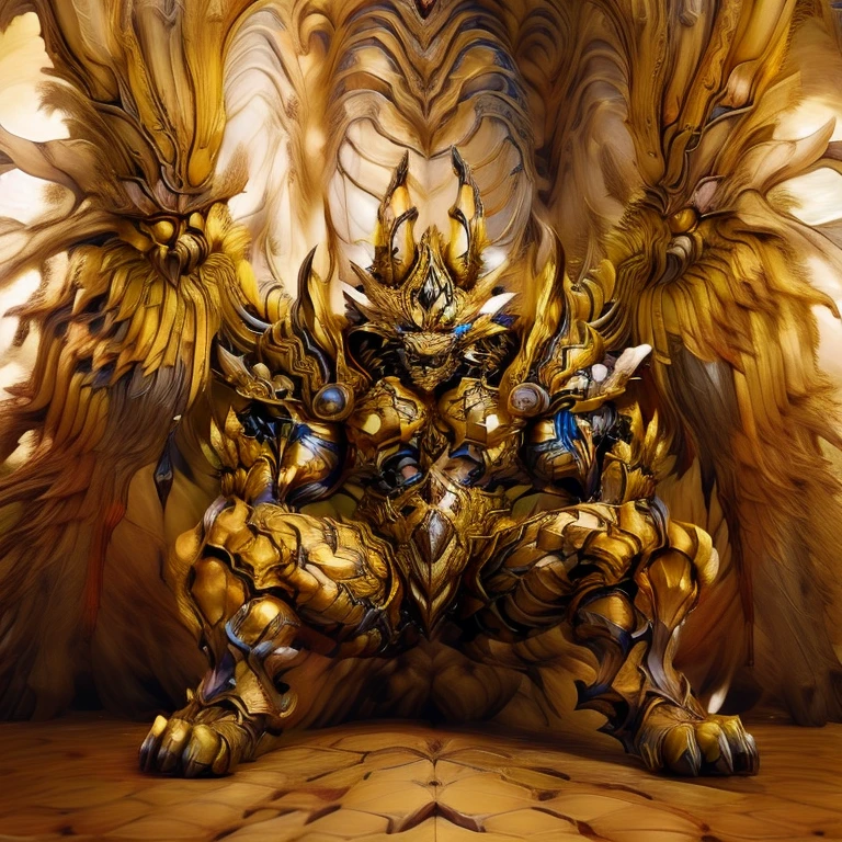 (Pokémon) (Zeraora), (masterpiece, best quality, detailed:1.2), (nj5furry), (medieval armor:1.parkling skin, Vibrant colors, 4K, GOLD armor, Its full plate armor emphasizes the muscles. big muscle (pecs, triceps, traps) unusually developed muscular body, body full of huge muscles. showing off muscles, pectorales enormes. Exaggeratedly huge muscles. Gigachad Muscular, Very muscular, Large pecs, Spread wings, It has wings. have big wings. has 10 large wings. It has large golden wings. The feathers on its wings are detailed and realistic.sitting on the throne,
