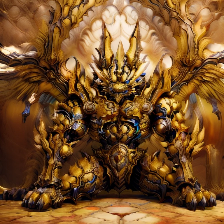 (Pokémon) (Zeraora), (masterpiece, best quality, detailed:1.2), (nj5furry), (medieval armor:1.3) sparkling skin, Vibrant colors, 4K, GOLD armor, Its full plate armor emphasizes the muscles. big muscle (pecs, triceps, traps) unusually developed muscular body, body full of huge muscles. showing off muscles, pectorales enormes. Exaggeratedly huge muscles. Gigachad Muscular, Very muscular, Large pecs, Spread wings, It has wings. have big wings. has 10 large wings. It has large golden wings. The feathers on its wings are detailed and realistic.sitting on the throne,