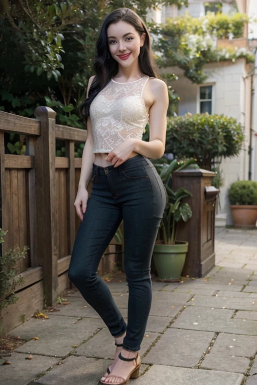 (full body:1.4). Beautiful 24 yo woman of Irish descent. athletic figure,(pale:1.4)complexion. raven black hair, green eyes, cute butt, nice legs. Kind eyes,(joy:1.3),(smile:1.2). Red lipstick, sheer lace top, skinny jeans, sandals. Flirty.