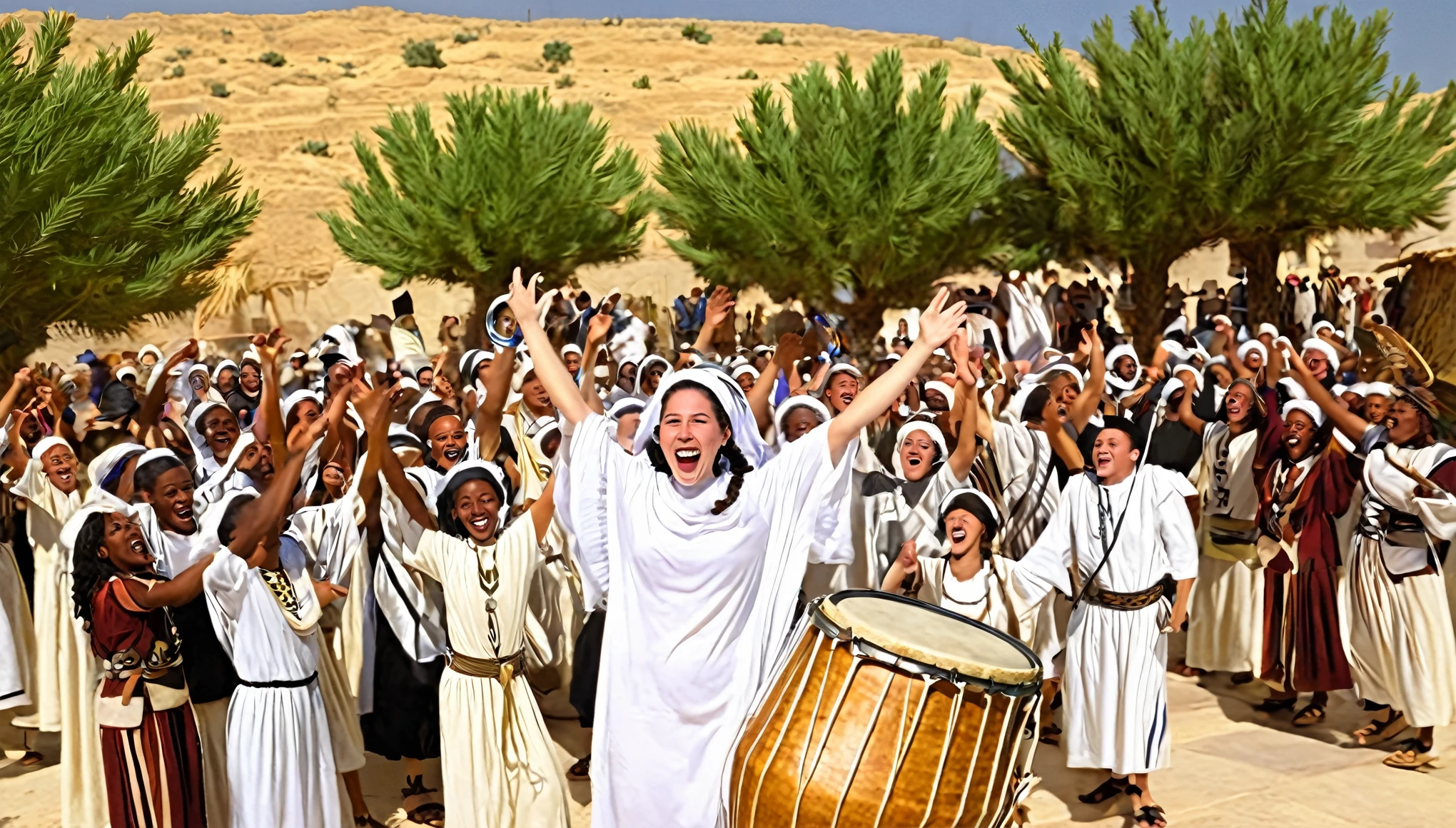 A spontaneous celebration breaks out among the Israelites. Miriam, sister of Moses, leads a song of thanks, accompanied by drums and dances. The joy is palpable; the people feel that a new era of freedom has begun. Moses joins the celebration, his spirit renewed by the faith of the people and divine victory.