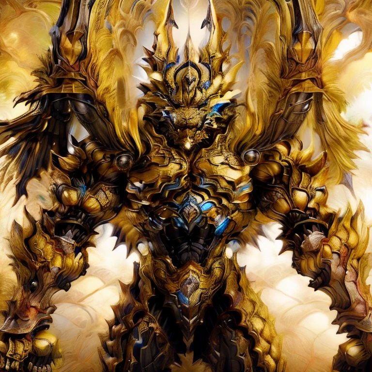 (Pokémon) (Zeraora), (masterpiece, best quality, detailed:1.2), (nj5furry), (medieval armor:1.3) sparkling skin, Vibrant colors, 4K, GOLD armor, Its full plate armor emphasizes the muscles. big muscle (pecs, triceps, traps) unusually developed muscular body, body full of huge muscles. showing off muscles, pectorales enormes. Exaggeratedly huge muscles. Gigachad Muscular, Very muscular, Large pecs, Spread wings, It has wings. have big wings. has 10 large wings. It has large golden wings. The feathers on its wings are detailed and realistic.