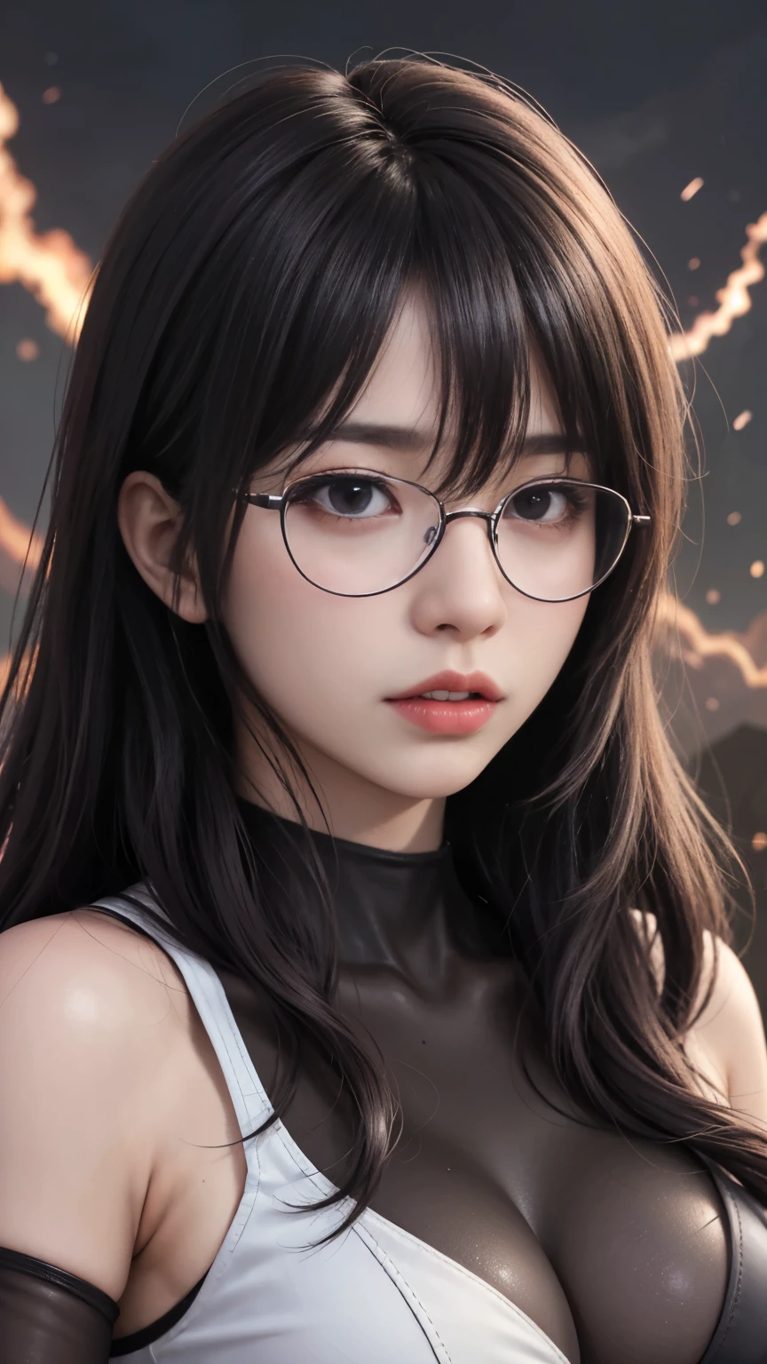 background(Black Night Sky,Big Moon),Woman close up,Wearing a white shirt、Purple Hair,Very long hair,very thick braids,Purple eyes,big 、((((Glasses))))、realistic girl rendering, 8k artistic german bokeh, Enchanting girl, Realistic girl, Gurwitz, Gurwitz-style artwork, Girl Roleplay, Realistic 3D style, cgstation Popular Topics,, 8K Portrait Rendering,(truth,truth:1.4),Wear pink pajamas,巨big ,Sparkling eyes,Purple eyes、(highest quality,4K,8k,High resolution,masterpiece:1.2),Very detailed,(Realistic,photoRealistic,photo-Realistic:1.37),Mythical monster,Beast-like creature,Muscular,Six big legs,Stand like a gorilla,Red fur covering the body,two big horns,Drill teeth,Sharp Claws,Huge shape,Burning Fire Magic,Energy aura,A threatening presence,Glowing Eyes,Intimidating posture,dark environment,Smoke-filled air,Ominous Shadow,Majestic and fierce,Explosive power,Vibrant colors,bold,Horror art style,Moving configuration,Dramatic lighting,Rib Layer,large sharp teeth,Sharp Edges,Very detailedスケール,Burning Crack,Burning Flames,Furious look,Burning with anger,Surrounded by sparks and embers), Scared, dark, spooky, Underwater mist liquid swirling cavity, highest quality, Front view, Satanic, 18 year old asian girl、Liu Wen, Shaved eyebrows, With big black ram horn, , A large snake with slimy tentacles wrapped around its shoulders. Moody and dramatic lighting, Lang Yun, storm, lightning, Smoke and Fog Environment, Fuzzy smoke background, Wide-angle shot, Wide-angle shot, elevation, Extreme angle shot, Vignette, Unrealistic Nightmare,