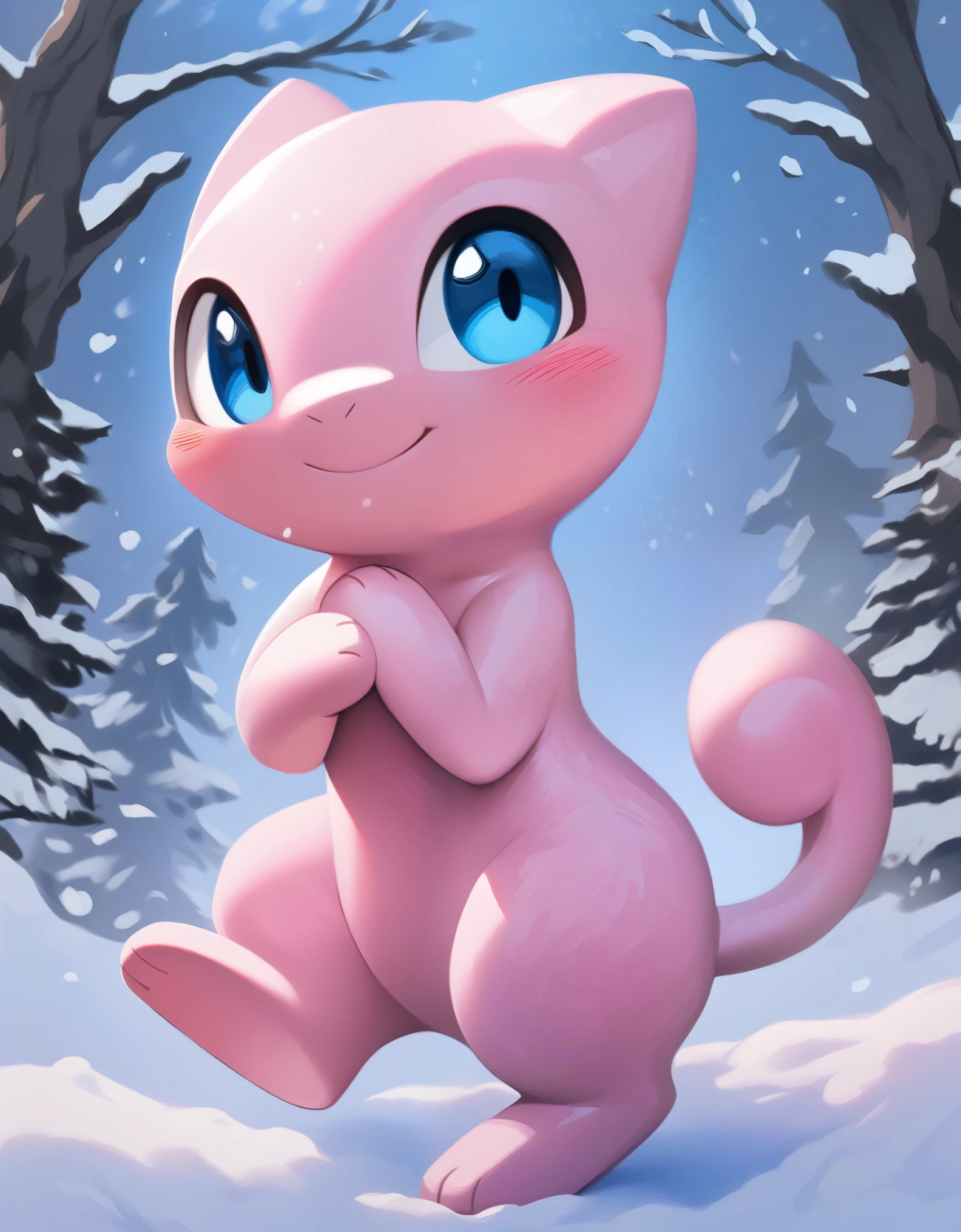 mew pokemon, smile, forest,, best quality, hi res, masterpiece, absurd res, highly detailed, impasto, digital media \(artwork\), (simple background), winter, snow, forest BREAK, solo,  nude, full body, blue eyes, pink fur, pokemon \(species\), glistening body, looking at viewer, blush,