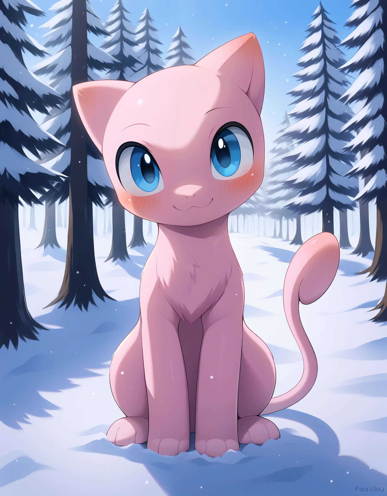 mew pokemon, smile, forest,, best quality, hi res, masterpiece, absurd res, highly detailed, impasto, digital media \(artwork\), (simple background), winter, snow, forest BREAK, solo,  nude, full body, blue eyes, pink fur, pokemon \(species\), glistening body, looking at viewer, blush,