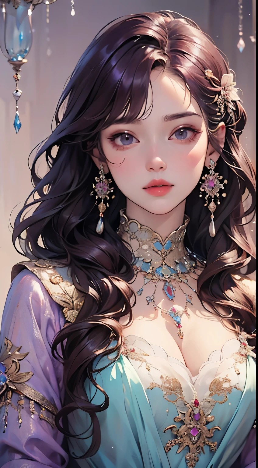 beautiful elegant woman, photorealistic, 8k, hyperdetailed, masterpiece, fantasy art, dreamlike background, 1 adult female, clean detailed face, beautiful warm brown eyes, shiny purple hair, lovely light blue dress with intricate embroidery, luxurious jewelry, mesmerizing detailed art