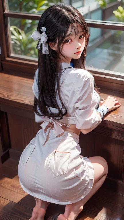 Black long hair , Wearing a maid outfit, Kneel down, Legs and five fingers, More meat, Cute 2D, Background Backlight HD  