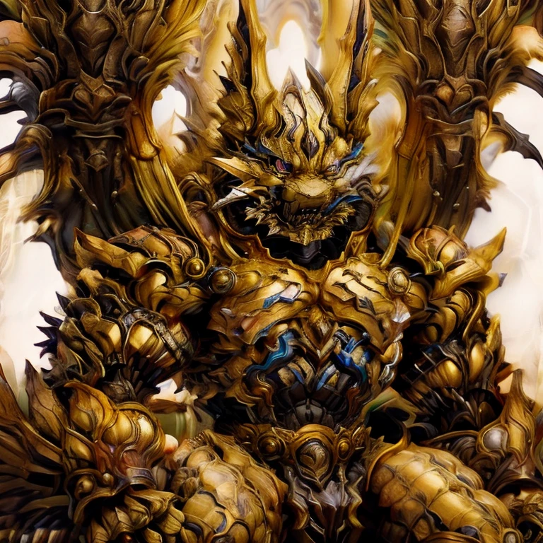 (Pokémon) (Zeraora), (masterpiece, best quality, detailed:1.2), (nj5furry), (medieval armor:1.3) sparkling skin, Vibrant colors, 4K, GOLD armor, Its full plate armor emphasizes the muscles. big muscle (pecs, triceps, traps) unusually developed muscular body, body full of huge muscles. showing off muscles, pectorales enormes. Exaggeratedly huge muscles. Gigachad Muscular, Very muscular, Large pecs, Spread wings, It has wings. have big wings. has 10 large wings. It has large golden wings. The feathers on its wings are detailed and realistic.sitting on the throne,
