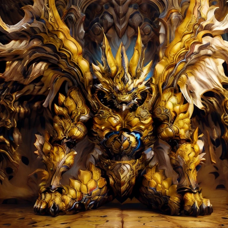 (Pokémon) (Zeraora), (masterpiece, best quality, detailed:1.2), (nj5furry), (medieval armor:1.3) sparkling skin, Vibrant colors, 4K, GOLD armor, Its full plate armor emphasizes the muscles. big muscle (pecs, triceps, traps) unusually developed muscular body, body full of huge muscles. showing off muscles, pectorales enormes. Exaggeratedly huge muscles. Gigachad Muscular, Very muscular, Large pecs, Spread wings, It has wings. have big wings. has 10 large wings. It has large golden wings. The feathers on its wings are detailed and realistic.sitting on the throne,