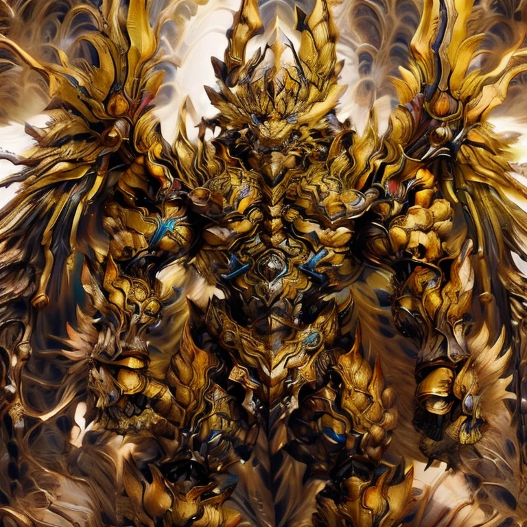(Pokémon) (Zeraora), (masterpiece, best quality, detailed:1.2), (nj5furry), (medieval armor:1.3) sparkling skin, Vibrant colors, 4K, GOLD armor, Its full plate armor emphasizes the muscles. big muscle (pecs, triceps, traps) unusually developed muscular body, body full of huge muscles. showing off muscles, pectorales enormes. Exaggeratedly huge muscles. Gigachad Muscular, Very muscular, Large pecs, Spread wings, It has wings. have big wings. has 10 large wings. It has large golden wings. The feathers on its wings are detailed and realistic.sitting on the throne,
