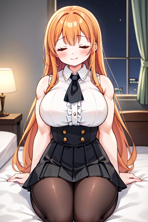 ((best quality)), ((masterpiece)), (detailed), (perfect anatomy), (exquisite clothing);
1girl, solo, bedroom, night time, sitting, seiza position, on bed;
Perfect face, orange hair, very long hair, fanged bangs, sidelocks, blushing, closed eyes, happy, joyful, smiling, closed mouth;
Tall, mature, (bulky:1.2), deltoids, trapezius, large breasts, thick arms, biceps, triceps, covered navel, abs, wide hips, thick thighs, quads, lats, hamstrings;
(white dress shirt, sleeveless, center frills), black ascot, (high-waist, black skirt, pleated), black pantyhose.