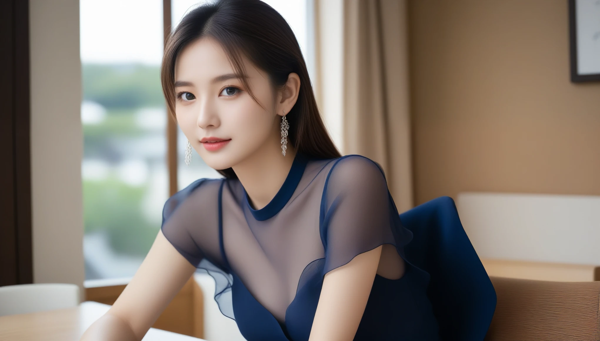 8k, Ultra-high resolution, highest quality, masterpiece, Surreal, photograph, 1 girl, (16 years old:1.3), pretty girl, Cute Face, 細部までBeautiful Eyes, 細かくdetailedに,masterpiece,, One Girl:1.2, Japan Female Announcer, One beautiful woman, Wear a navy blue see-through blouse, Cafe, Light brown messy short layers -, Perfect dynamic composition, Beautiful Eyes、Big earrings、Sitting in a chair, Perfect dynamic composition, Beautiful fine details, Fashion magazine coverのように, In the city,Bold Pose,Looking at the audience、beauty,Long neck、Laugh a little、Please close your mouth and laugh、(((Ideal body type))),A cup small breasts :2,、Portraiture:2、Perfect ???????、鮮明なdetailed、detailed、Surreal、Light and shadow,Strong light,Fashion magazine cover,Thin lips
