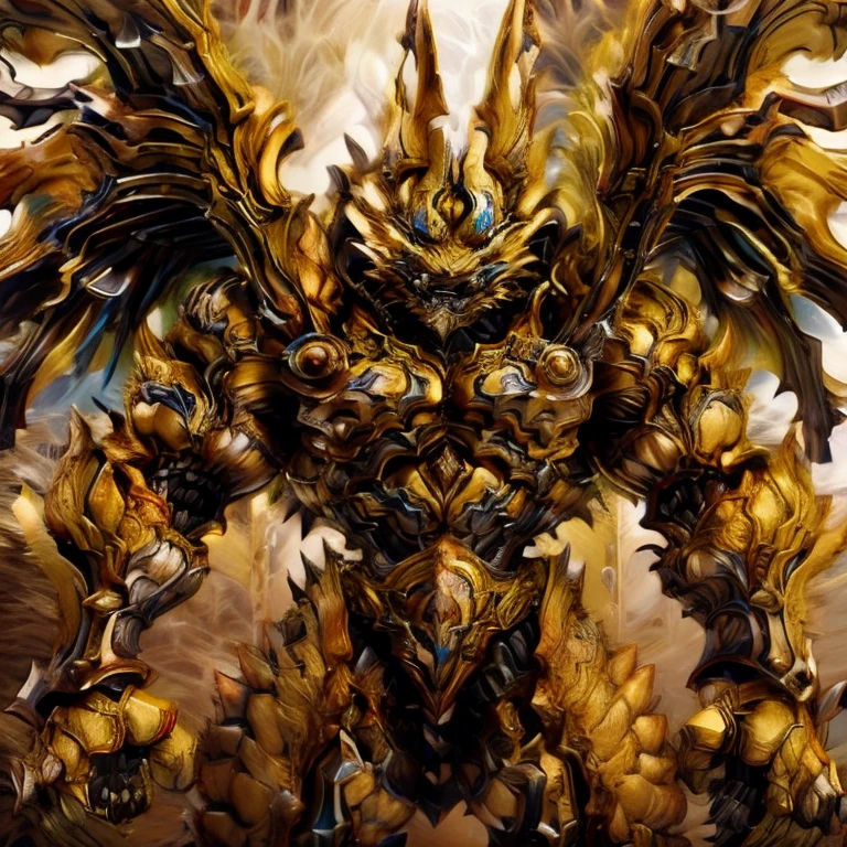 (Pokémon) (Zeraora), (masterpiece, best quality, detailed:1.2), (nj5furry), (medieval armor:1.3) sparkling skin, Vibrant colors, 4K, GOLD armor, Its full plate armor emphasizes the muscles. big muscle (pecs, triceps, traps) unusually developed muscular body, body full of huge muscles. showing off muscles, pectorales enormes. Exaggeratedly huge muscles. Gigachad Muscular, Very muscular, Large pecs, Spread wings, It has wings. have big wings. has 10 large wings. It has large golden wings. The feathers on its wings are detailed and realistic.
