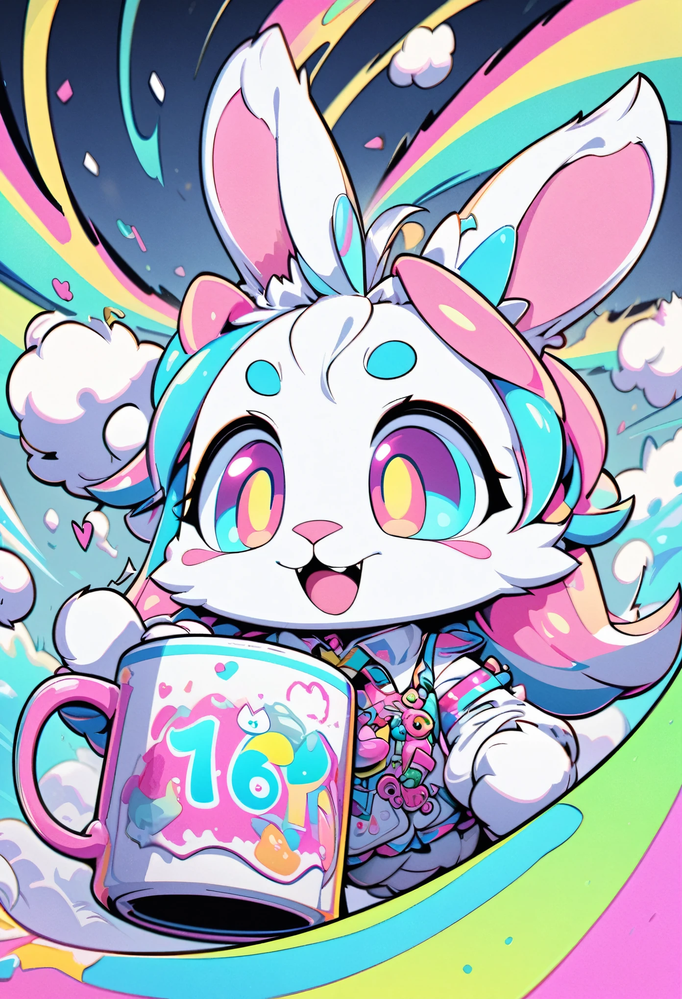 furry, fluffy, funny, super deformed, best quality, super fine, 16k, incredibly absurdres, extremely detailed, delicate and dynamic, cute rabbit with only its ears sticking out of a mug, pastel color pop design art