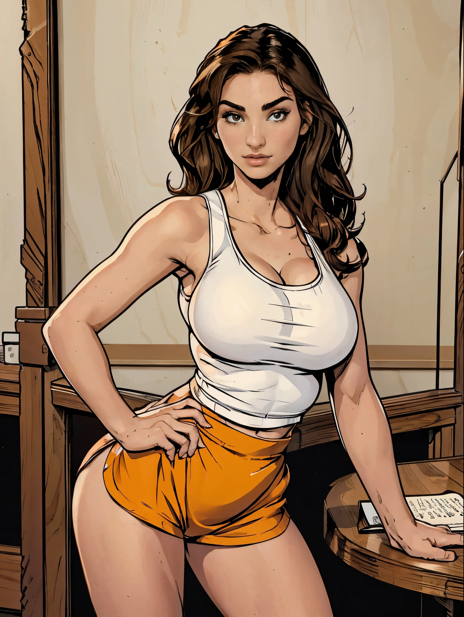 Gorgeous and sultry busty athletic (thin) brunette with sharp facial features and a (large nose) wearing a (Hooters uniform), white tank top, "Hooters", orange minishorts, notepad, server apron, restaurant