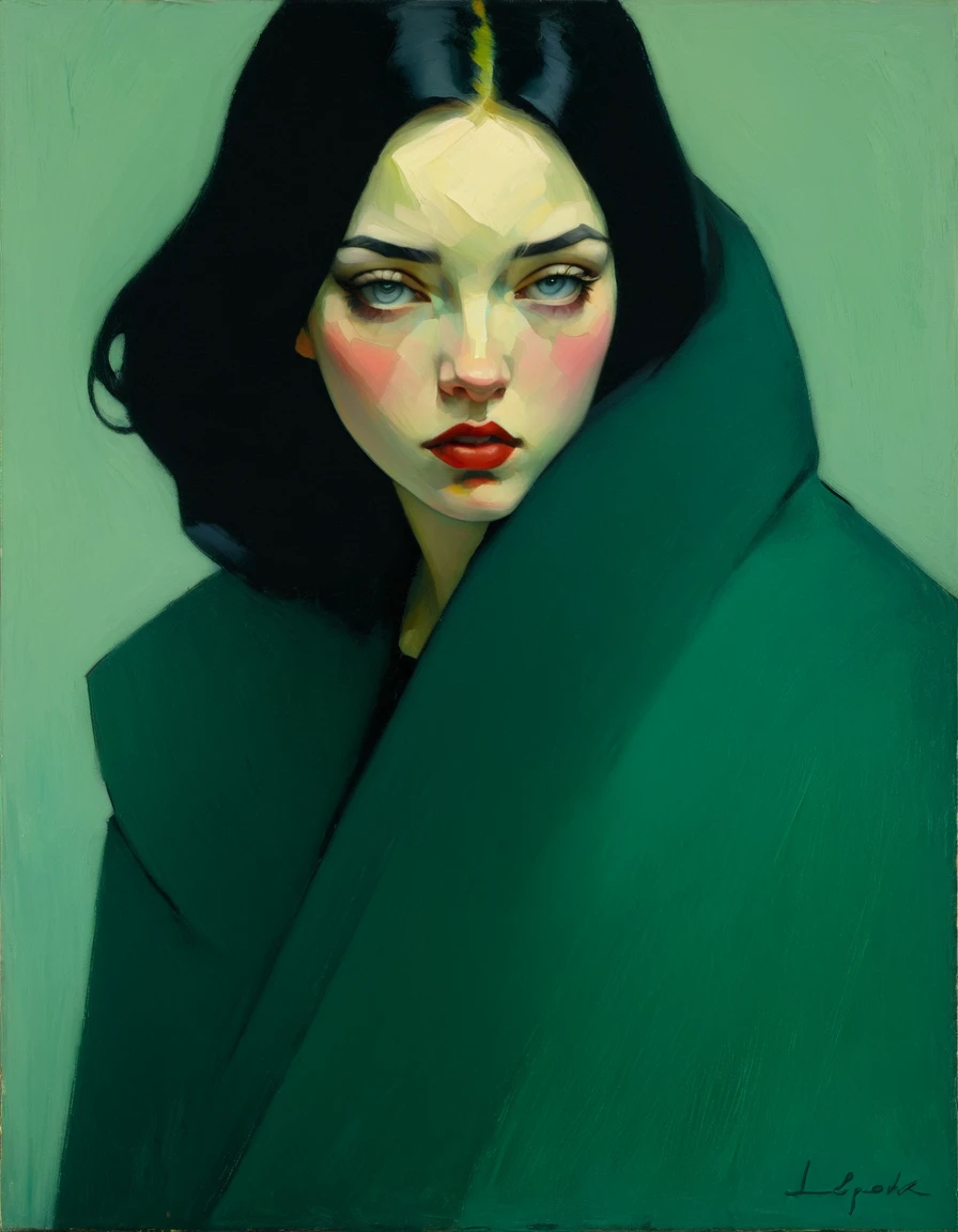 Create an evocative oil painting inspired by Malcolm Liepke, based on the provided image. Capture the intense, introspective expression of the model subject using thick, expressive brushstrokes and a muted color palette. Highlight the emotional depth and vulnerability in the subject's gaze, emphasizing the play of light and shadow on their face. Maintain a simple, textured background that complements the subject's contemplative presence. Focus on the tactile quality of the oil paint to convey the raw emotion and intimacy characteristic of Liepke's style. After applying thick paint, use a dry brush to drag over the surface lightly. This technique can create interesting textures by revealing the underlayers.