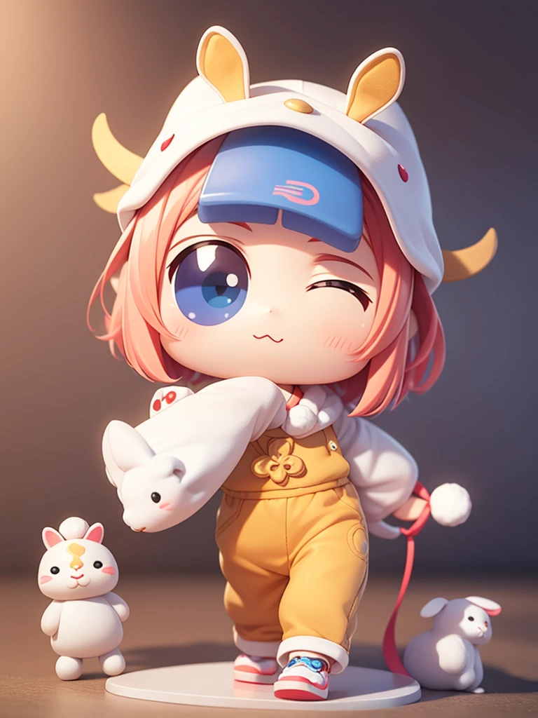 PopMart blind box IP, Chinese zodiac, Super cute boy wearing a bunny shaped hat, Technology elements, Fashionable clothes, Streamlined 3D/C4D production: 8K HD quality/light/Ultra-fine lens depiction 1.5, Flawless, Chibi Background/Feeling.