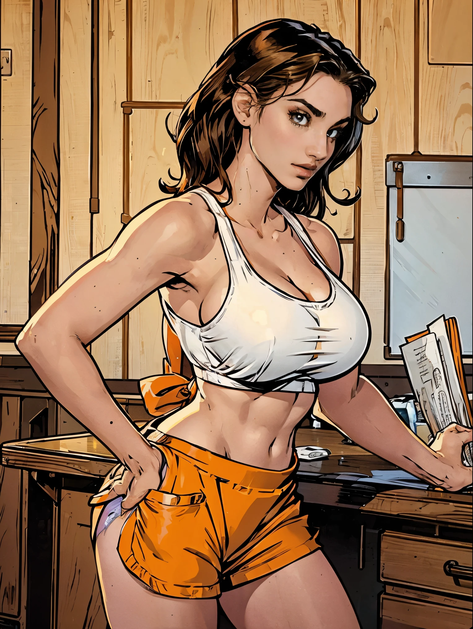 Gorgeous and sultry busty athletic (thin) brunette with sharp facial features and a (large nose) wearing a (Hooters uniform), white tank top, "Hooters", orange minishorts, notepad, server apron, bra straps, visible bra, restaurant