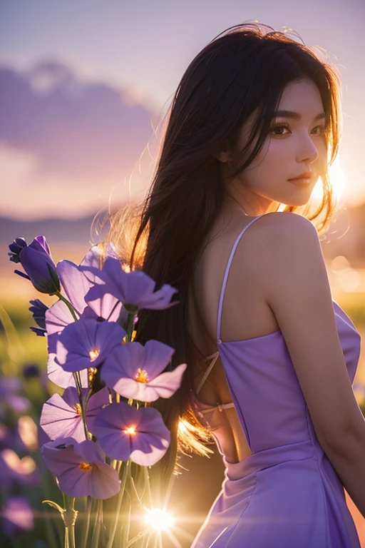 Photography,70-200 lens shot of the side backlit morning glory with lavender light shining through the petals and the stems hanging down in a curve,Diagonal composition
