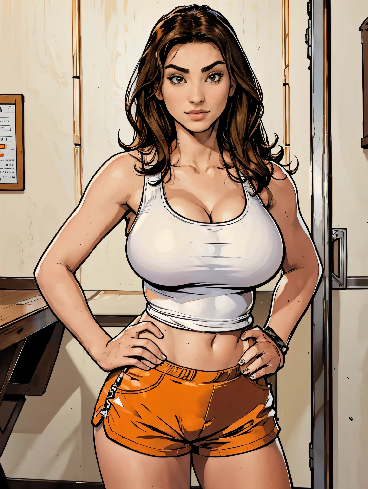 Gorgeous and sultry busty athletic (thin) brunette with sharp facial features and a (large nose) wearing a (Hooters uniform), white tank top, "Hooters", orange minishorts, notepad, restaurant