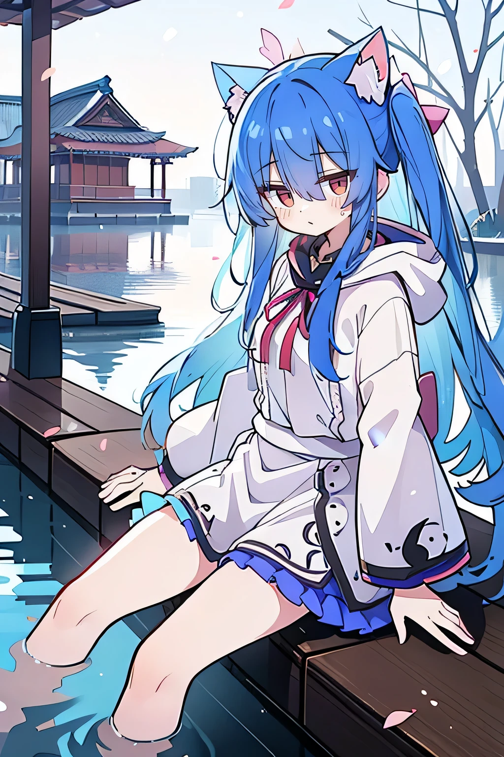 （masterpiece：1.2），Super detailed，lifelike，Expressive eyes，fair skin，perfect face shape，1 girl，
Japanese comics,Gorgeous blue hair,flowing blue hair,flowing clothes,Cat ears,Petals fall,beautiful lola,Baby Angel,
Shaking head with one hand，Cross your legs，Gentle and peaceful background，The pavilion is cool and comfortable,smile, wearing hoodie, background of tokyo,back views,snowing, winter,lie on the water. 