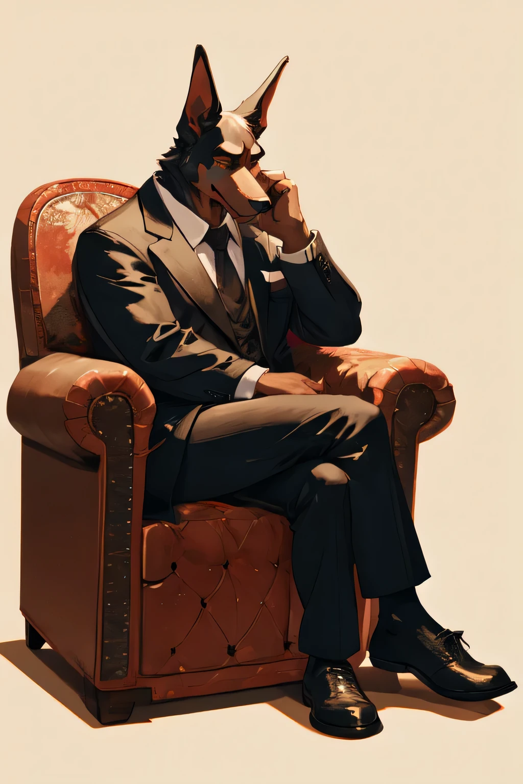 An old anthro Doberman and a mafia boss sitting in an armchair with crossed legs、Vintage Sepia Photography