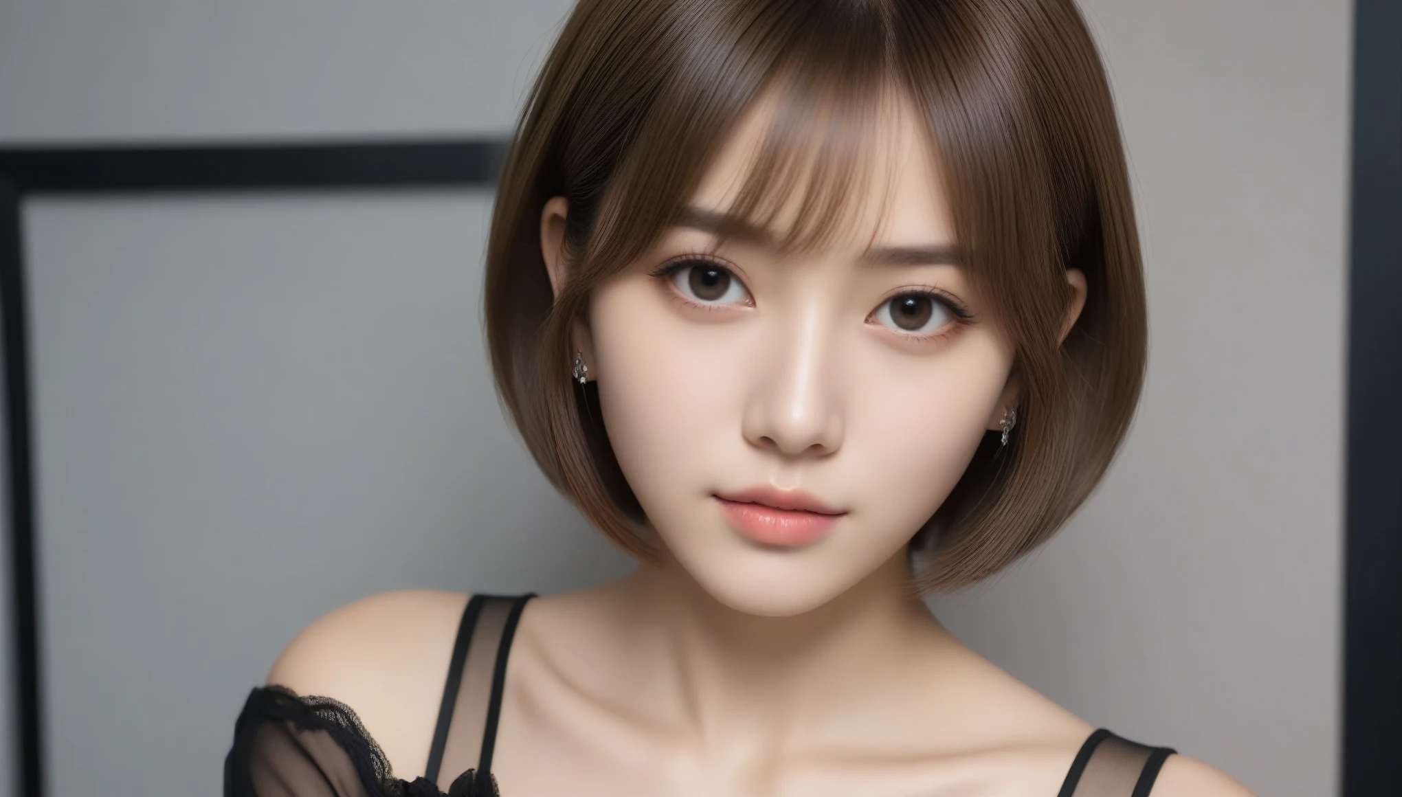 8k, Ultra-high resolution, highest quality, masterpiece, Surreal, photograph, 1 girl, (16 years old:1.3), pretty girl, Cute Face, Beautiful eyes in every detail, 細かくdetailedに,masterpiece,, One Girl:1.2, Japan Female Announcer, One beautiful woman, Wear a black see-through shirt, In a great restaurant, At night, Light brown short bob hair, Perfect dynamic composition, Beautiful and beautiful eyes、Big earrings, Perfect dynamic composition, Beautiful fine details, Fashion magazine coverのように, Bold Pose,Looking at the audience、beauty,Long neck、Laugh a little、Please close your mouth and laugh、(((Ideal body type))),A cup small breasts :2,、Portraiture:2、Perfect Anatomy、鮮明なdetailed、detailed、Surreal、Light and shadow,Strong light,Fashion magazine cover,Thin lips