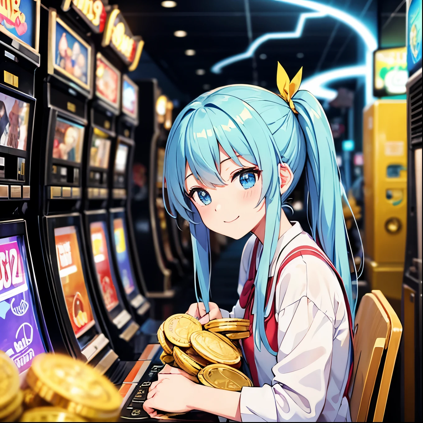 Slot Machines Gold coins overflowing Light blue long hair Twin tails Adorable smile Searching for gold Rain of Gold Coins