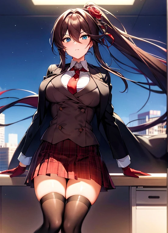 masterpiece, best quality, ultra-detailed, illustration, warm lighting, bright colors, 1girl,solo, long hair, very long hair, chifuyu, crossed arms, amused, sitting, office, office work,

action, ahoge, bangs, black_jacket, blue_eyes, breasts, brown_hair, brown_vest, buttons, closed_mouth, collared_shirt, double-breasted, dress_shirt, flower, gloves, hair_between_eyes, hair_flower, hair_ornament, hair_over_eyes, jacket, light_particles, long_sleeves, looking_at_viewer, necktie, plaid, plaid_skirt, pleated_skirt, ponytail, red_flower, red_necktie, red_rose, red_skirt, rose, shirt, skirt, thighhighs, vest, weapon, white_shirt, zettai_ryouiki