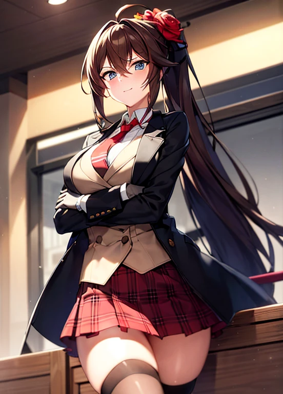 masterpiece, best quality, ultra-detailed, illustration, warm lighting, bright colors, 1girl,solo, long hair, very long hair, chifuyu, crossed arms, amused, sitting, office, office work,

action, ahoge, bangs, black_jacket, blue_eyes, breasts, brown_hair, brown_vest, buttons, closed_mouth, collared_shirt, double-breasted, dress_shirt, flower, gloves, hair_between_eyes, hair_flower, hair_ornament, hair_over_eyes, jacket, light_particles, long_sleeves, looking_at_viewer, necktie, plaid, plaid_skirt, pleated_skirt, ponytail, red_flower, red_necktie, red_rose, red_skirt, rose, shirt, skirt, thighhighs, vest, weapon, white_shirt, zettai_ryouiki