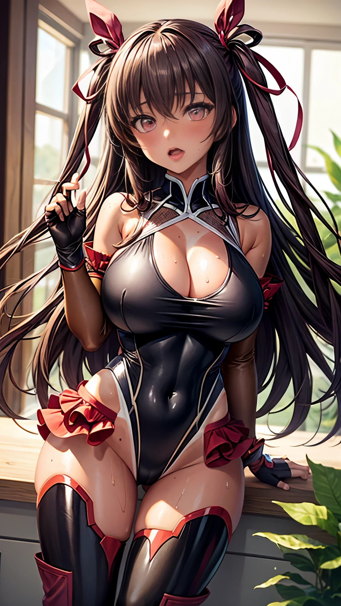 highest quality,masterpiece,8k,1girl,((big breasts:1.3)),orgasm,blush, sweat,Mizuki Yukikaze,hair ribbon, black leotard, taimanin suit, one-piece tan, elbow gloves, fur trim, fingerless gloves, frilled leotard, thigh boots