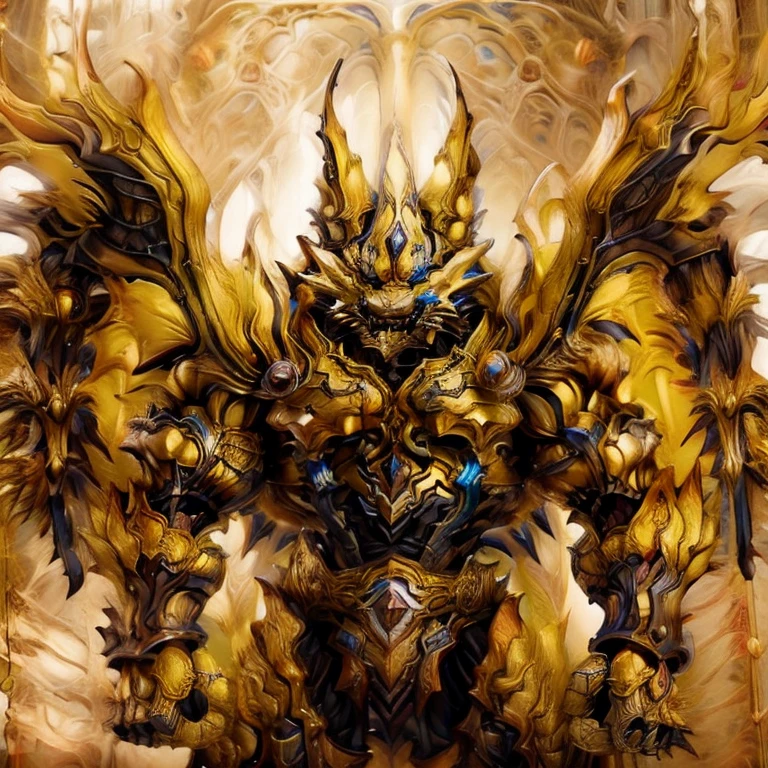 (Pokémon) (Zeraora), (masterpiece, best quality, detailed:1.2), (nj5furry), (medieval armor:1.3) sparkling skin, Vibrant colors, 4K, GOLD armor, Its full plate armor emphasizes the muscles. big muscle (pecs, triceps, traps) unusually developed muscular body, body full of huge muscles. showing off muscles, pectorales enormes. Exaggeratedly huge muscles. Gigachad Muscular, Very muscular, Large pecs, Spread wings, It has wings. have big wings. has 10 large wings. It has large golden wings. The feathers on its wings are detailed and realistic.