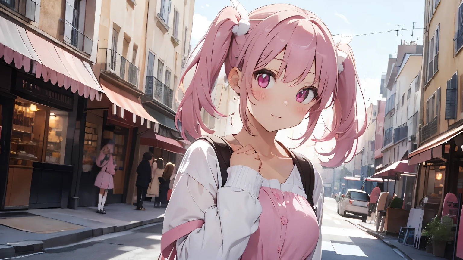 highest quality, pretty girl, pastel colour, Fluffy bunny ears, Pink twin tails,Pale pink eyes,France,In the city