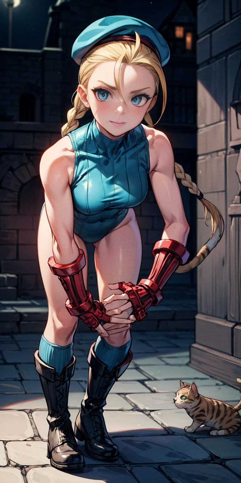 "(exquisitely detailed CG unity 8k wallpaper, masterpiece best quality with stunning realism, high res) (best illumination, best shadow) (elegant and demonic style:1.2) Arti modern anime, angled view, heroic pose, closeup full body portrait of stunningly beautiful mature cammy from street fighter, Cammy white, 2twins braids, long hair, blonde hair, antenna hair, beret, (red headwear:1.3), blue eyes, scar on cheek, green tight leotard, large breasts, sleeveless, red gloves, fingerless gloves, camouflage, hard, large ass, abs, a little muscular, revealing, depth of field blur effect, night, full zoom, action portrait, photorealistic. cinematic lighting, highly detailed. best quality, 4k, Better hand, perfect anatomy, leaning forward, foreshortening effects, coy flirty sexy expression, foreshortening effect (piercing eyes:0.8) surrounded by an ominous and dark atmosphere, accentuated by dramatic and striking lighting, imbued with a sense of surreal fantasy" (patting a small cat:1.5) wearing laced military boots:1.5) (inside an extravagant British castle at night:1.5) (happy and smiling:1) (crouching down:1)