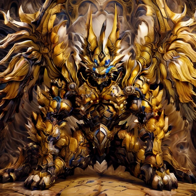 (Pokémon) (Zeraora), (masterpiece, best quality, detailed:1.2), (nj5furry), (medieval armor:1.3) sparkling skin, Vibrant colors, 4K, GOLD armor, Its full plate armor emphasizes the muscles. big muscle (pecs, triceps, traps) unusually developed muscular body, body full of huge muscles. showing off muscles, pectorales enormes. Exaggeratedly huge muscles. Gigachad Muscular, Very muscular, Large pecs, Spread wings, It has wings. have big wings. has 10 large wings. It has large golden wings. The feathers on its wings are detailed and realistic.sitting on the throne,