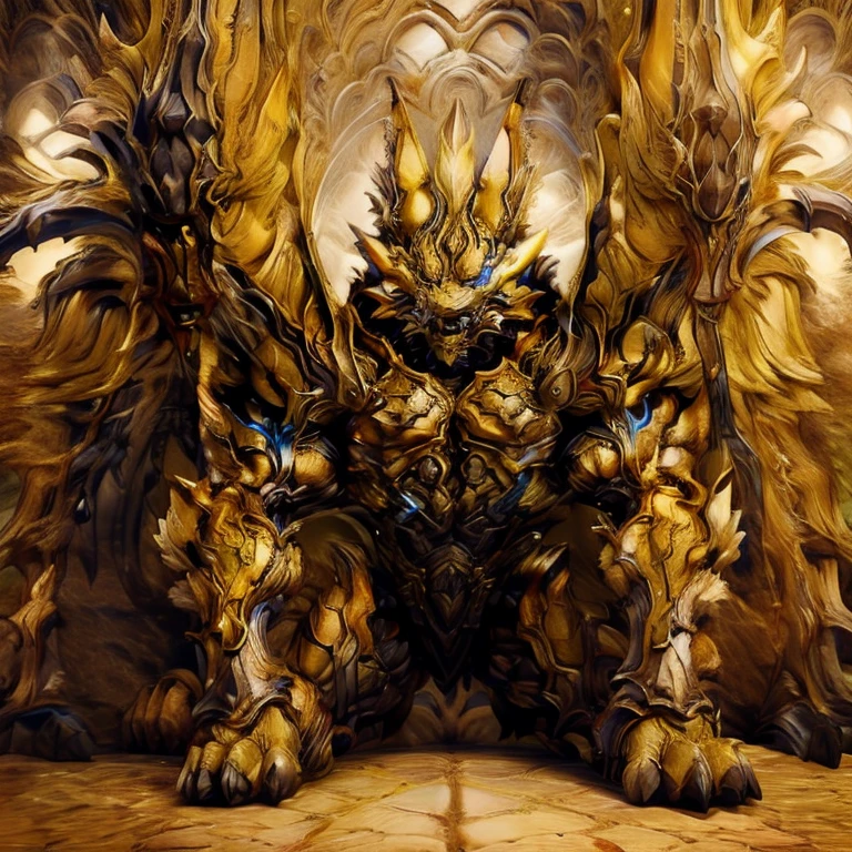 (Pokémon) (Zeraora), (masterpiece, best quality, detailed:1.2), (nj5furry), (medieval armor:1.3) sparkling skin, Vibrant colors, 4K, GOLD armor, Its full plate armor emphasizes the muscles. big muscle (pecs, triceps, traps) unusually developed muscular body, body full of huge muscles. showing off muscles, pectorales enormes. Exaggeratedly huge muscles. Gigachad Muscular, Very muscular, Large pecs, Spread wings, It has wings. have big wings. has 10 large wings. It has large golden wings. The feathers on its wings are detailed and realistic.sitting on the throne,