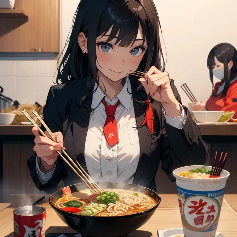 1 Beauty, Female student, Watery eye,Big ample , Blazer and tie, (Smile),Long eyelashes, Blush Lash,Black Perm Hair, At the counter of a specialty ramen shop,Cup Noodles,((Perfectly shaped chopsticks:1.2)), (Hold chopsticks skillfully with your right hand:1.4),Noodle dishes,(Lift the noodles with chopsticks.),((Eat delicious noodles)),(Eat Clean), Use your left hand to tuck your bangs over your ear.,Face shot,zoom、(Bring your face close to the ramen and eat the noodles:1.2),((1 group:1.4))