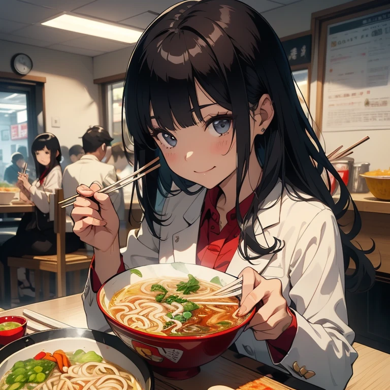 1 Beauty, Female student, Watery eye，Big ample breasts, Blazer and tie, (Smile)，Long eyelashes, Blush Lash，Black Perm Hair, At the counter of a specialty ramen shop,Cup Noodles,((Perfectly shaped chopsticks:1.2)), (Hold chopsticks skillfully with your right hand:1.4),Noodle dishes,(Lift the noodles with chopsticks.),((Eat delicious noodles)),(Eat Clean), Use your left hand to tuck your bangs over your ear.,Face shot,zoom、(Bring your face close to the ramen and eat the noodles:1.2),((1 group:1.4))