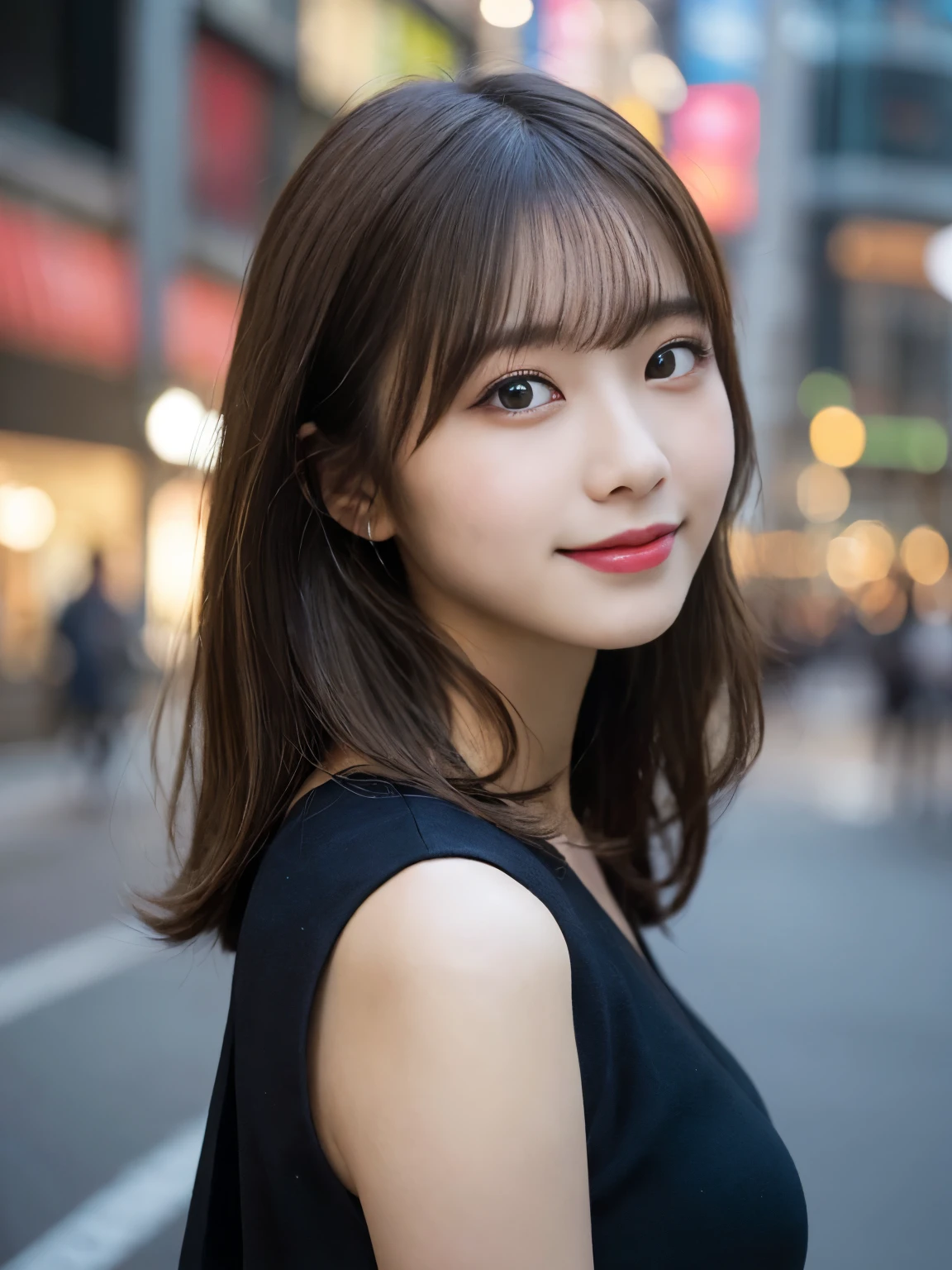 Tabletop, highest quality, figure, Super detailed, In detail, High resolution, 8k wallpaper, Perfect dynamic composition, Beautiful fine details, She is wearing a black dress,Medium Hair,Natural color lip, Bold sexy pose,smile,Harajuku、20-year-old girl、cute、sexy shot looking at camera、C Cup、Brown Hair、caste-like face、Blurred night downtown background
